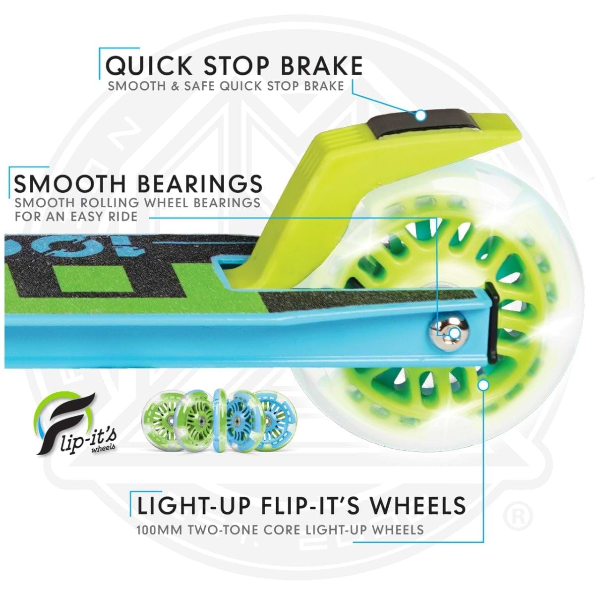 Image of the Madd Gear Carve Rize Foldable Light Up Kick Scooter - Waves featuring its Quick Stop Brake, Smooth Bearings, and Light-Up Flip-It’s Wheels. It dazzles with two-tone core green and blue wheels and adjustable handlebars. Brand logo in the bottom left.