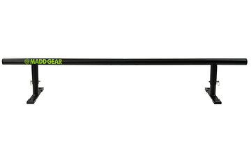 Set against a white background, the Madd Gear MGP Fifty5 Grind Rail - 140cm beckons skaters to execute daring grind tricks. This sleek black rail features a green Madd Gear logo on its left side and is supported by two sturdy legs with flat bases, ensuring ultimate stability for skaters to showcase their skills.