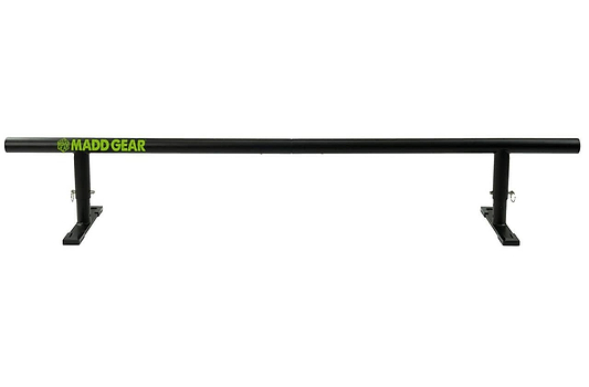 Set against a white background, the Madd Gear MGP Fifty5 Grind Rail - 140cm beckons skaters to execute daring grind tricks. This sleek black rail features a green Madd Gear logo on its left side and is supported by two sturdy legs with flat bases, ensuring ultimate stability for skaters to showcase their skills.