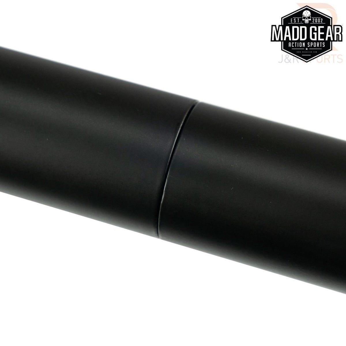 Close-up of the Madd Gear MGP Fifty5 Grind Rail - 140cm, a black cylindrical metal tube with a smooth surface perfect for grind tricks, highlighted by a subtle midsection seam. The top-right corner showcases the "Madd Gear (MGP)" logo. This Madd Gear Grind Rail is set against a pristine white background.