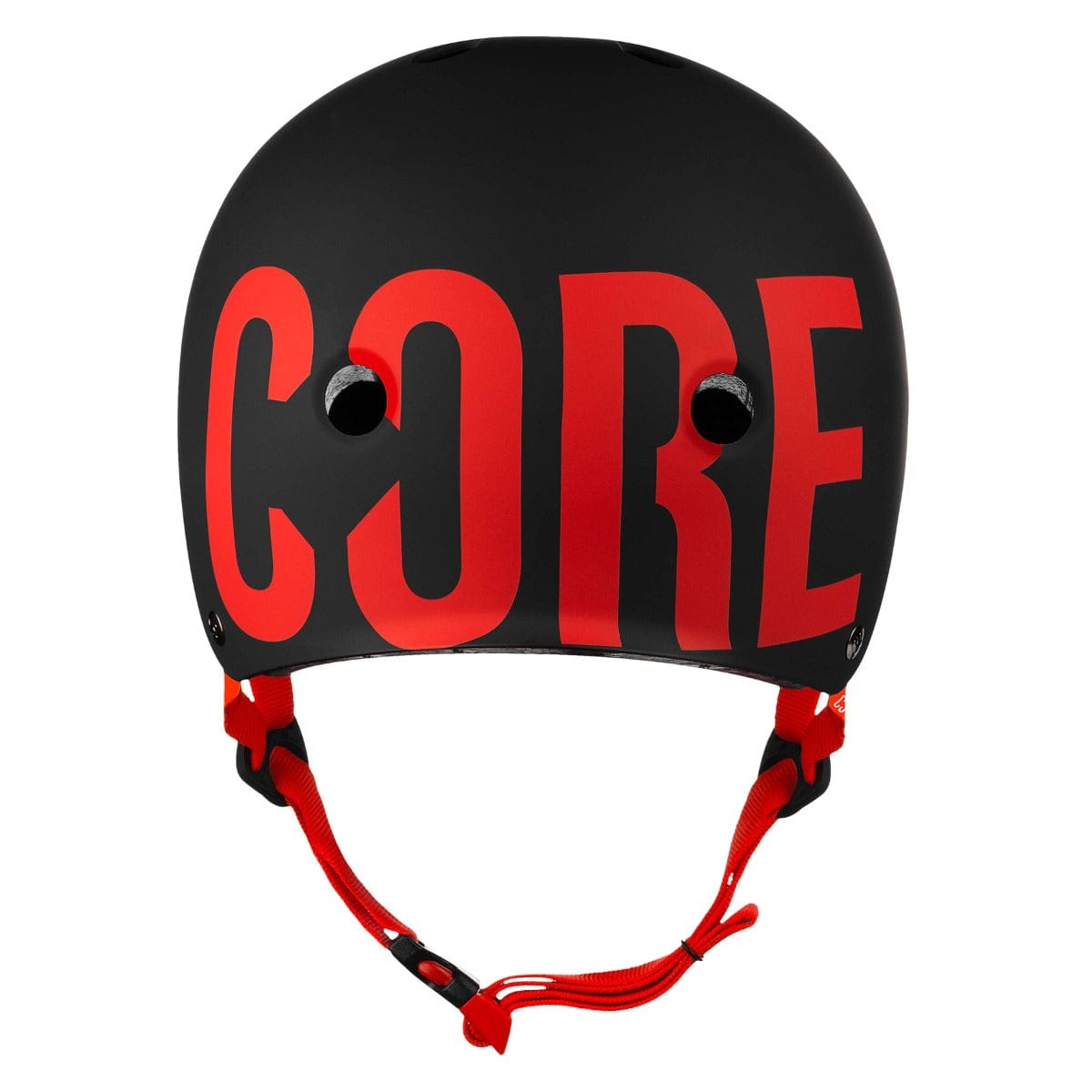 The CORE Street Skate/Scooter Helmet in black and red showcases a sleek design with the bold word "CORE" in red on the front. It includes two ventilation holes and adjustable red chin straps, enhanced by CORE Lux Pads for superior comfort.