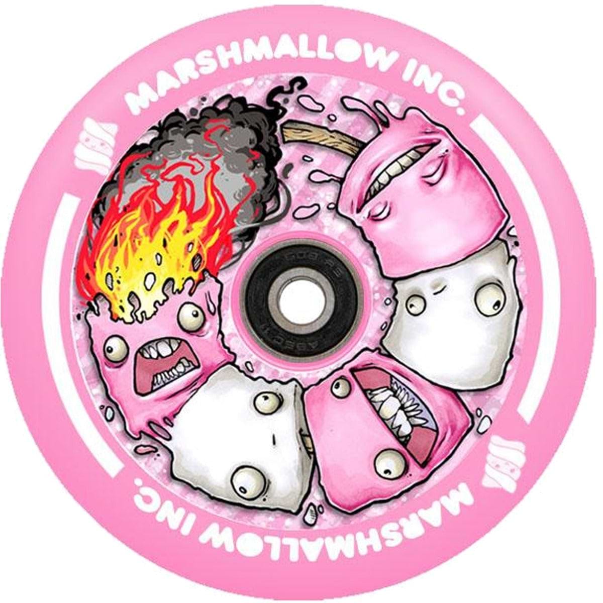 A Chubby 110mm Hollowcore Stunt Scooter Wheel - Marshmallow showcases animated marshmallow figures displaying an array of emotions, including one that is ablaze and others that look shocked or angry. The lightweight wheel is adorned with the words "Marshmallow Inc." printed along its edge.