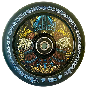 The Infinity Viking 110mm Hollowcore Stunt Scooter Wheel - Mead features a striking and vibrant Infinity Hollowcore design with a colorful Viking illustration. This includes a laser-etched bearded warrior in a helmet, surrounded by Norse runes, on high rebound PU.
