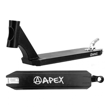 The Apex Pro Black Stunt Scooter Deck - 4.5" x 20.1", branded with "APEX" in white text, is distinguished as a lightweight scooter deck. Known globally as the best scooter deck, it boasts a front cutout, angled headtube, and rear brake for unparalleled performance.