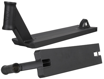 The Native Stem Black Stunt Scooter Deck, measuring 4.75" x 20.5", is ideal for younger riders and showcases a welded headtube along with a rear cutout for the wheel. Displayed from two angles, it highlights the top surface featuring the Native logo and the underside with a wheel slot and brake, making it perfect for energetic street riding.
