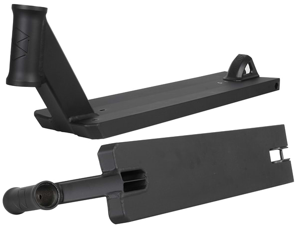 Two Native Stem Black Stunt Scooter Decks, ideal for younger riders, are featured. One deck is shown from a side angle with a cutout design and handlebar attachment, while the other displays the underside with a flat, rectangular design and wheel cutouts. Both decks are set against a white background.