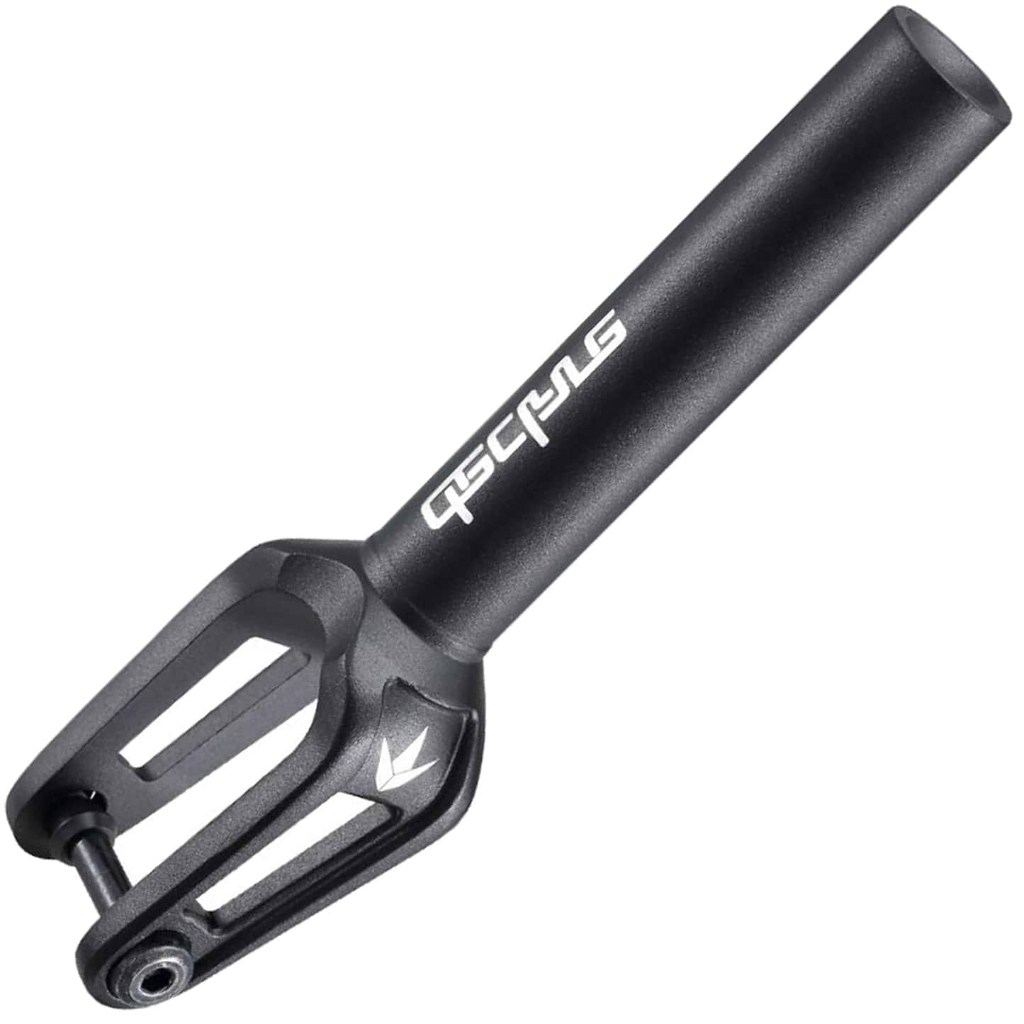 The Blunt Envy Declare V2 SCS/HIC Stunt Scooter Forks in black offer a sleek design with cut-out details and the brand logo on the side. Made from CNC aluminium, they come with wheel spacers and feature a cylindrical shape at the top for easy attachment to your scooter.