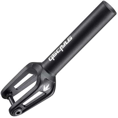 The Blunt Envy Declare V2 SCS/HIC Stunt Scooter Forks in black offer a sleek design with cut-out details and the brand logo on the side. Made from CNC aluminium, they come with wheel spacers and feature a cylindrical shape at the top for easy attachment to your scooter.