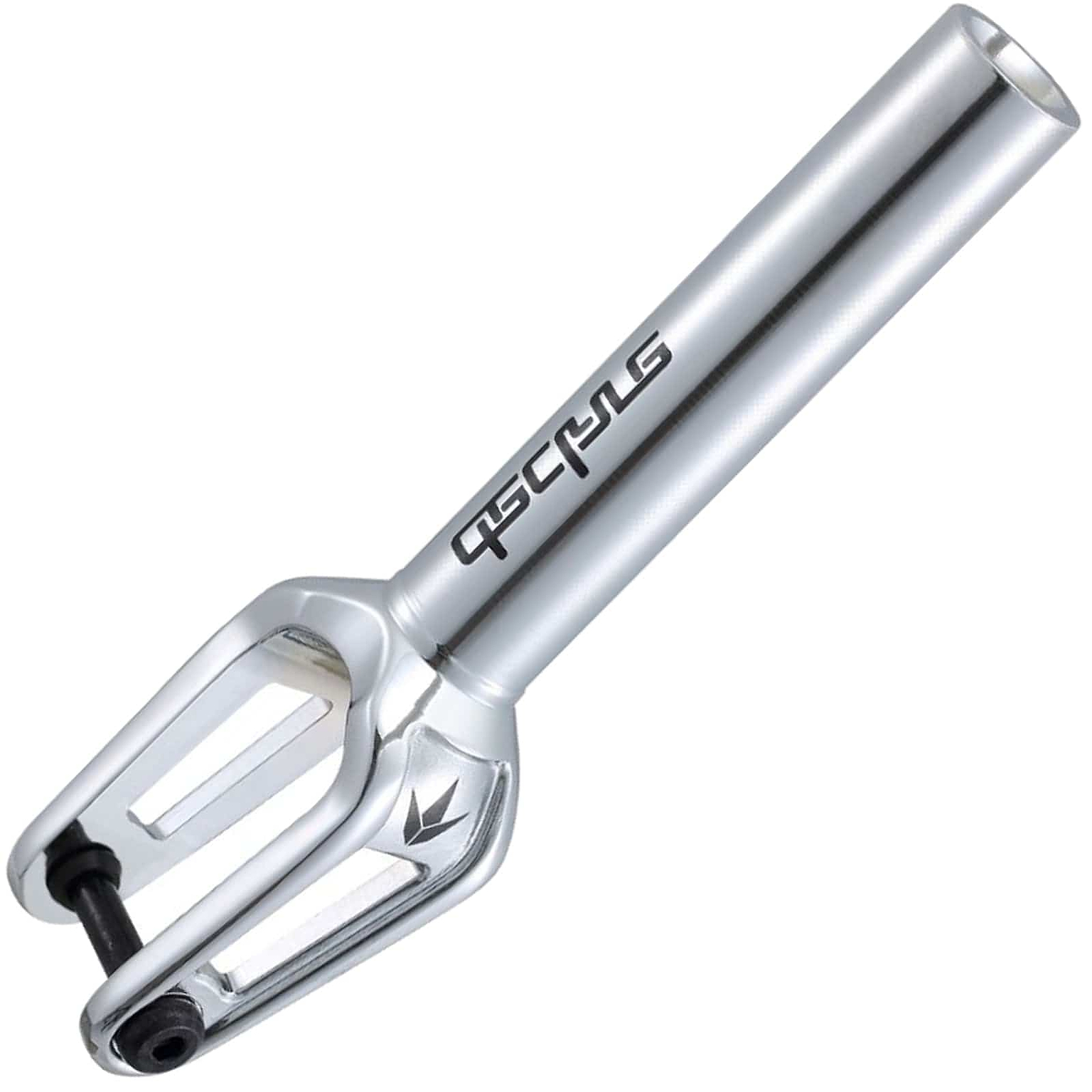 Here's a revised version of the sentence using the given product data:

Close-up of the Blunt Envy Declare V2 SCS/HIC Stunt Scooter Forks in chrome, showcasing a sleek design crafted from lightweight aluminum. This fork features a cylindrical tube and two prongs for wheel compatibility, with the Blunt Envy brand logo engraved in black on the side of the tube.