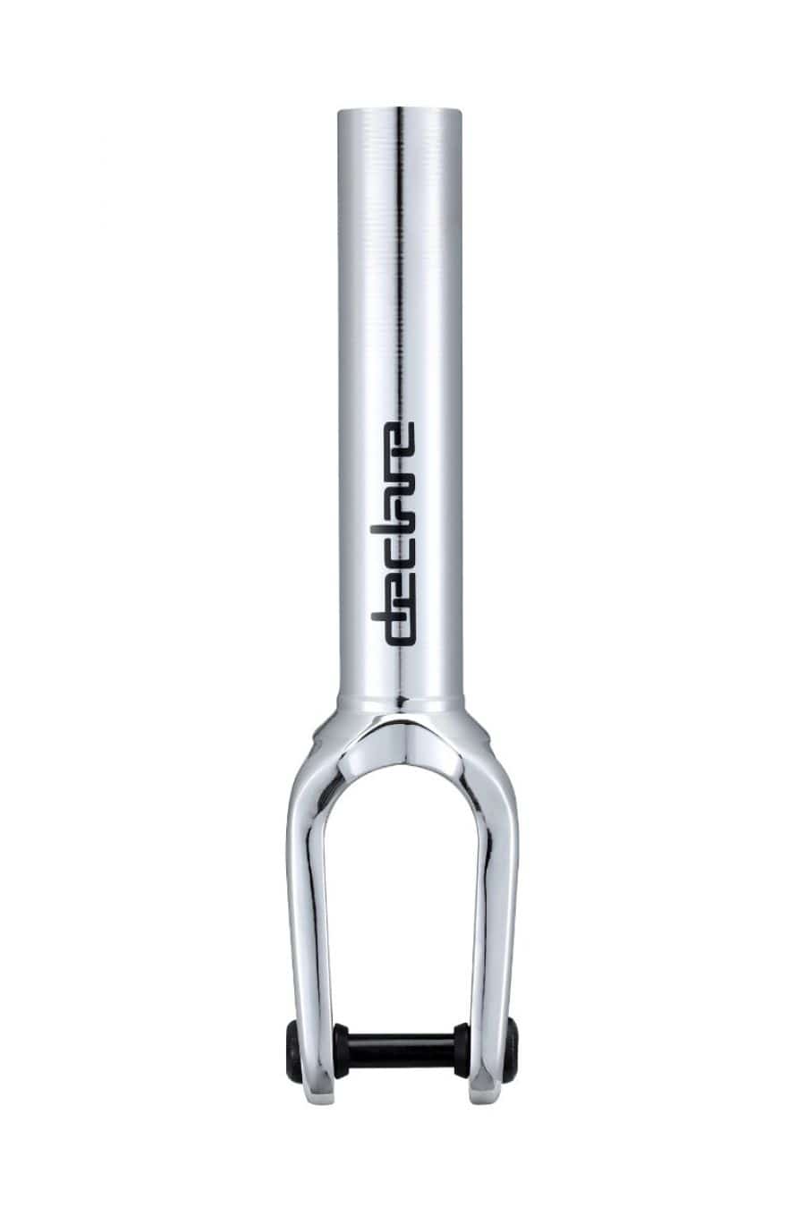 Close-up of the Blunt Envy Declare V2 SCS/HIC Stunt Scooter Fork in chrome, showcasing a lightweight aluminium design with a sleek, cylindrical structure and a black axle at the base. The tube prominently displays the Blunt Envy logo, ensuring excellent wheel compatibility against a plain white background.