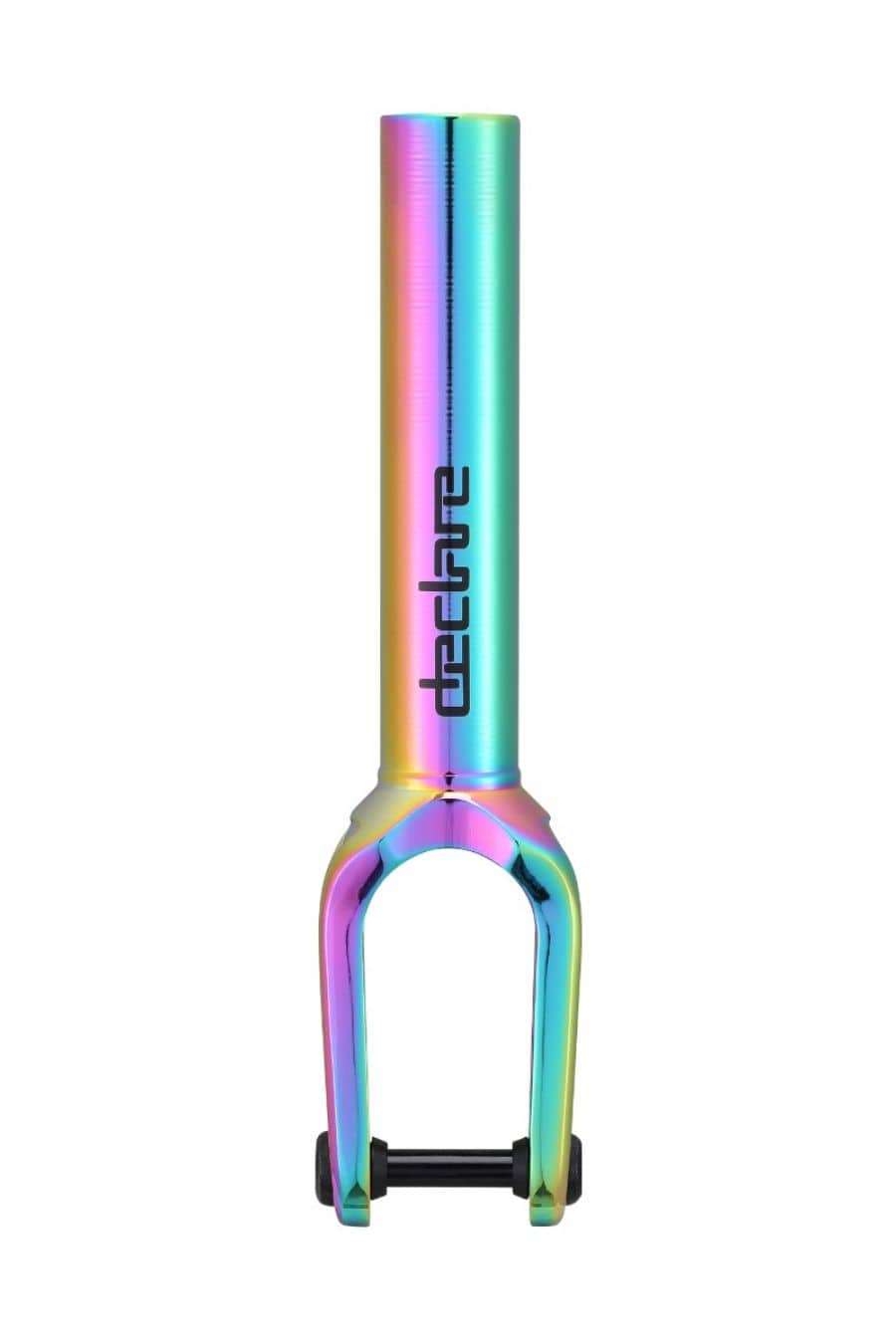 The Blunt Envy Declare V2 SCS/HIC Stunt Scooter Forks in Oil Slick Neochrome are crafted from CNC 6063 aluminum, featuring a cylindrical top section that tapers down to two prongs with a bolt for wheel attachment. The word "Declare" is printed in vertical black letters on the side.
