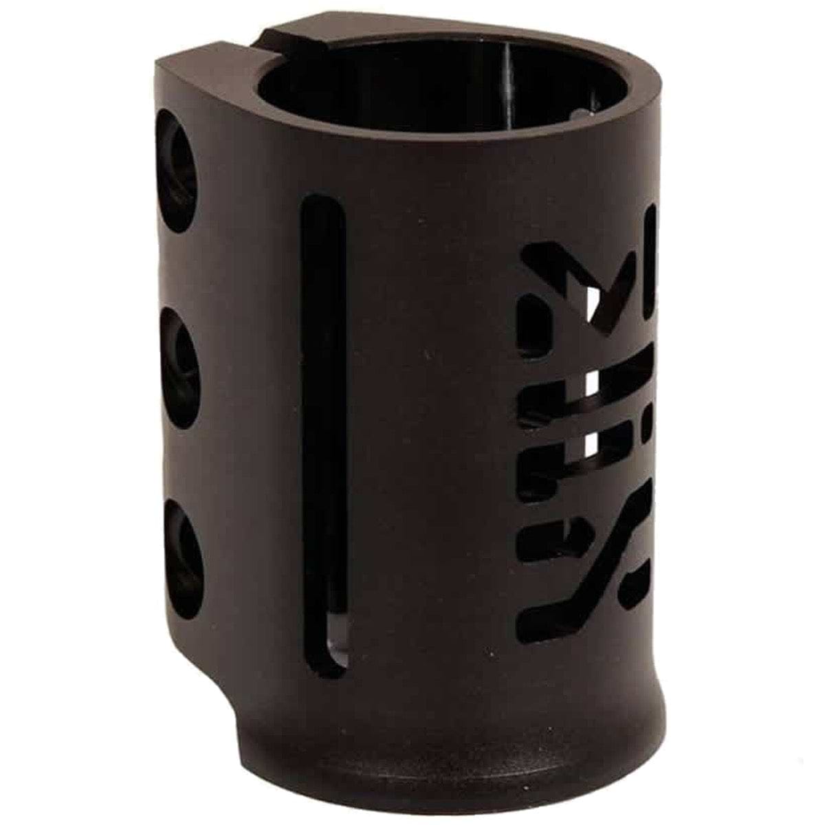 The Madd Gear (MGP) MFX X3 Cobra 3 Bolt Oversized Stunt Scooter Clamp - Black features a sleek metal design with an anodized finish. Its cylindrical shape and multiple bolt holes ensure secure fitting, while the geometric cut-out on one side adds a stylish touch.