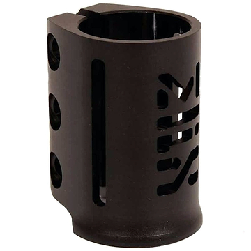 The Madd Gear (MGP) MFX X3 Cobra 3 Bolt Oversized Stunt Scooter Clamp - Black features a sleek metal design with an anodized finish. Its cylindrical shape and multiple bolt holes ensure secure fitting, while the geometric cut-out on one side adds a stylish touch.