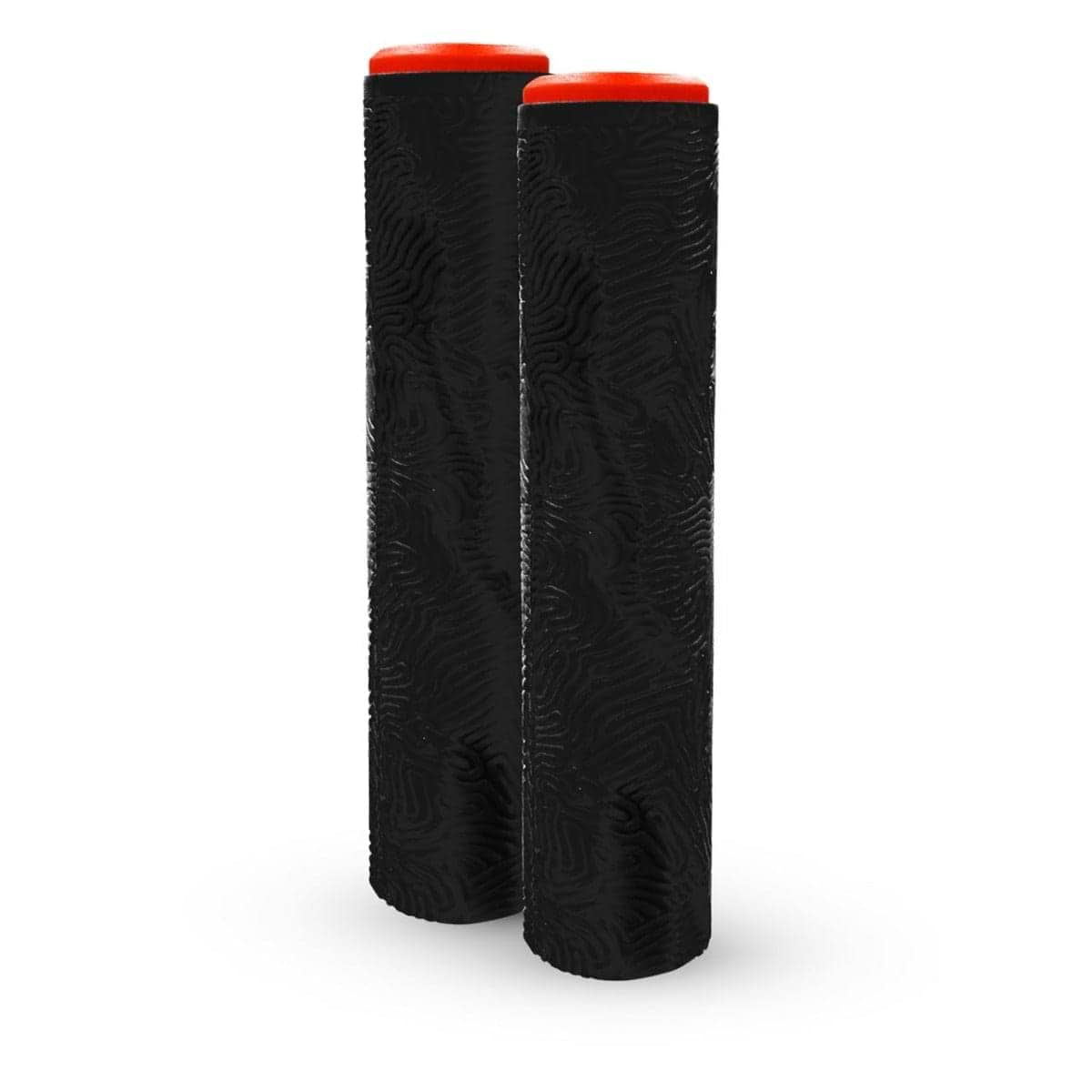 These Madd Gear MGP MFX Viral Grind Black Stunt Scooter Grips - 180mm are black cylindrical accessories with red caps, crafted from a durable TPR compound, reflecting the quality preferred by Madd Gear pro riders.
