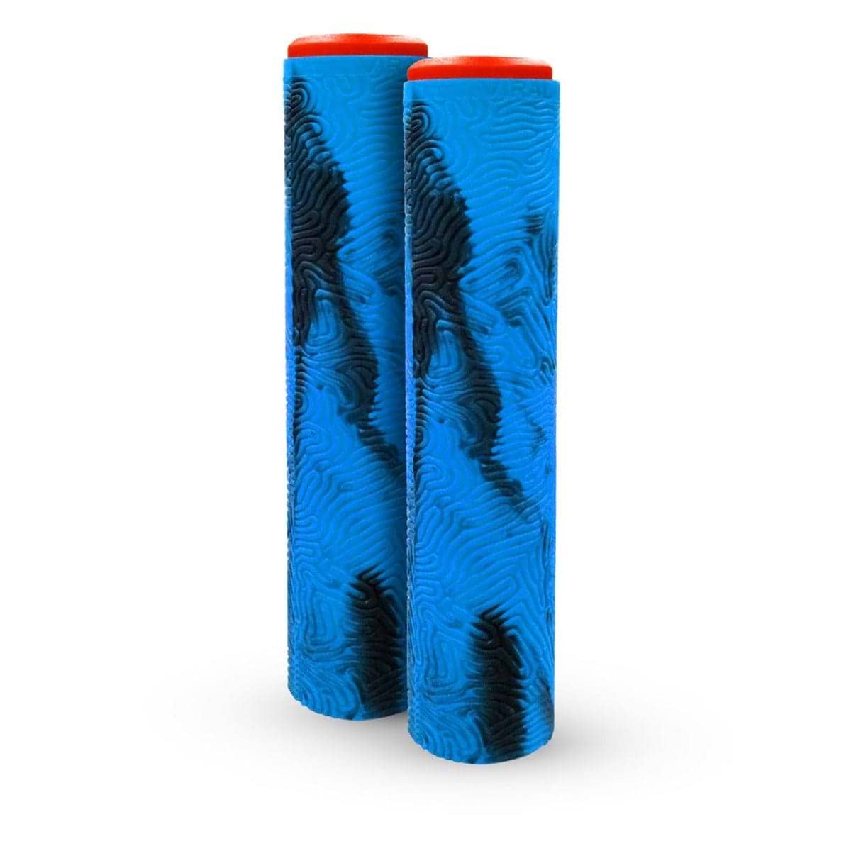 Two blue stunt scooter grips from Madd Gear, resembling foam rollers, stand upright with black swirling patterns. Their orange-capped tops and a textured, wavy design suggest the durable TPR compound typically found in the Madd Gear MGP MFX Viral Grind Blue / Black Stunt Scooter Grips - 180mm.