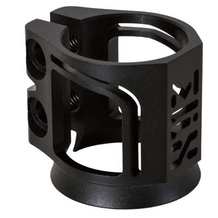 The Madd Gear MGP MFX X2 Cobra 2 Bolt Oversized Stunt Scooter Clamp in black, made from T6 aluminum alloy, features a contemporary design with cut-out patterns and two bolt holes on the side, displayed against a white background.