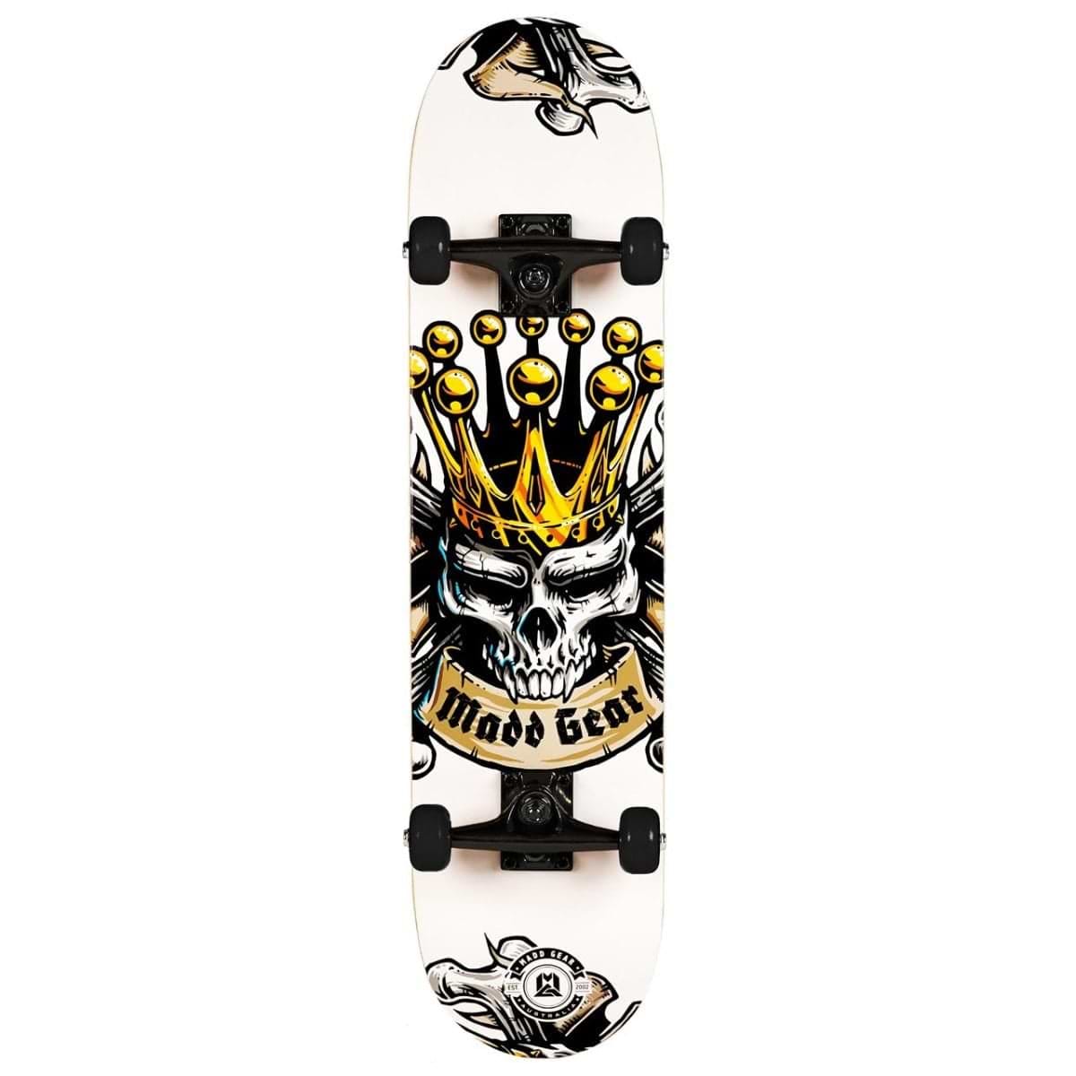 The Madd Gear MGP Pro Series Kingdom Complete Skateboard boasts an 8" x 31" deck made from 9-ply maple, featuring a crowned skull graphic amidst abstract patterns. The black and white design is enhanced with gold highlights, while Carbon Steel ABEC 3 bearings provide a smooth ride bearing the brand name Madd Gear (MGP).