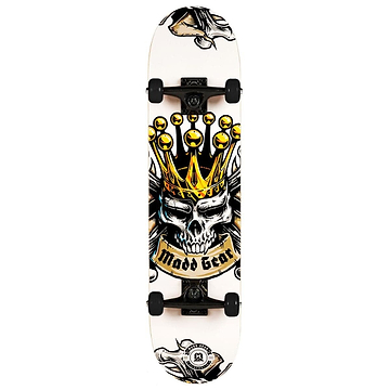 The Madd Gear MGP Pro Series Kingdom Complete Skateboard boasts an 8" x 31" deck made from 9-ply maple, featuring a crowned skull graphic amidst abstract patterns. The black and white design is enhanced with gold highlights, while Carbon Steel ABEC 3 bearings provide a smooth ride bearing the brand name Madd Gear (MGP).