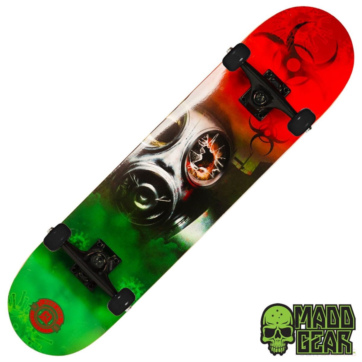 The Madd Gear MGP Pro Series Outbreak Complete Skateboard, measuring 8" x 31", showcases a striking red and green design with gas mask and biohazard motifs. It is equipped with black wheels and trucks, Carbon Steel ABEC 3 bearings, and a durable 9-ply maple deck. The iconic "Madd Gear" logo featuring a green skull is elegantly displayed in the bottom right corner.