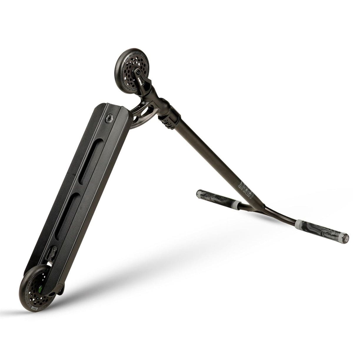 The Madd Gear (MGP) VX Origin II Extreme Complete Stunt Scooter in black is a sophisticated stunt scooter with a foldable design, perfect for advanced riders. It easily balances on its rear wheel and kickstand while the front wheel lifts off the ground. Featuring textured grip handlebars and premium components, it has a sleek and modern minimalistic frame.
