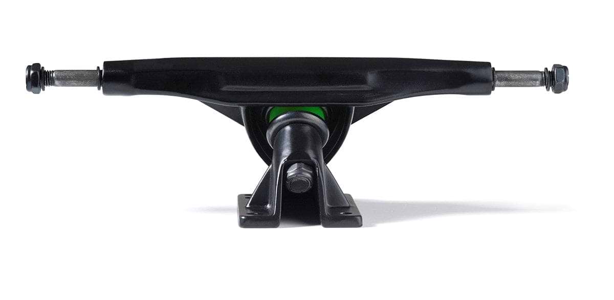 The Mindless RK Black Longboard Trucks (Pair) - 177mm, from the Mindless brand, showcase a sleek black design with visible metal axles and a vibrant green bushing, making them perfect for carving. Set against a plain white background, these trucks also feature a reverse kingpin to improve maneuverability.