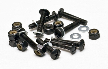 A selection of black screws, nuts, and washers is spread across a white surface. The fully threaded screws feature flat heads with cross-shaped indentations. The nuts are hexagonal, while the washers maintain a circular design. These components are perfect for assemblies involving Mindless Drop Thru Longboard Bolts - Black 1/2" or crafting your DT longboard setup.