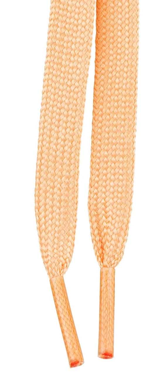 Close-up of a pair of Peach Moxi Beach Bunny 274cm Skate Laces with plastic tips, isolated on a white background.