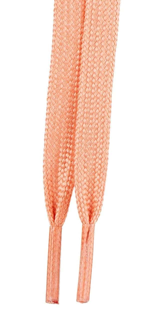 Close-up of two strawberry-colored braided shoelaces with plastic aglets at the ends, reminiscent of the vibrant hues found in Moxi Beach Bunny 299cm Skate Laces - Strawberry, isolated on a white background.