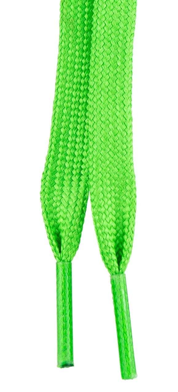 Close-up of the vibrant Moxi Beach Bunny 299cm Skate Laces in green, highlighting the intricate texture of the woven material and featuring two plastic aglets at each end. The image, filled with bright colors, is set against a plain white background.