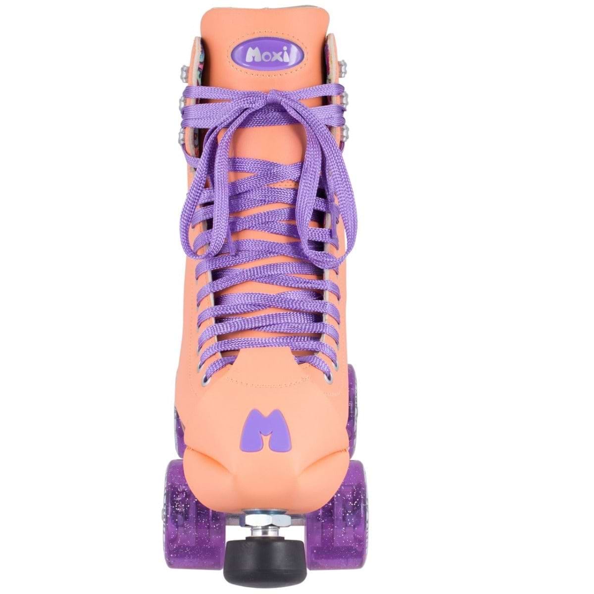 The Moxi Beach Bunny Quad Roller Skate - Peach features an orange boot with purple laces and wheels, all made from animal-friendly materials. The boot displays the Moxi logo near the top, highlighting the brand's lively Beach Bunny line.