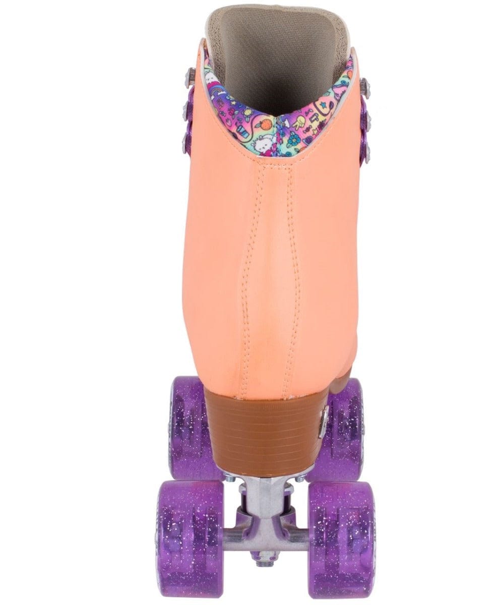 A Moxi Beach Bunny Quad Roller Skate in peach, showcasing vibrant purple wheels and a colorful patterned interior lining, viewed from the rear. The glittery wheels add flair to this Moxi design, seamlessly combining style and functionality while being animal-friendly.