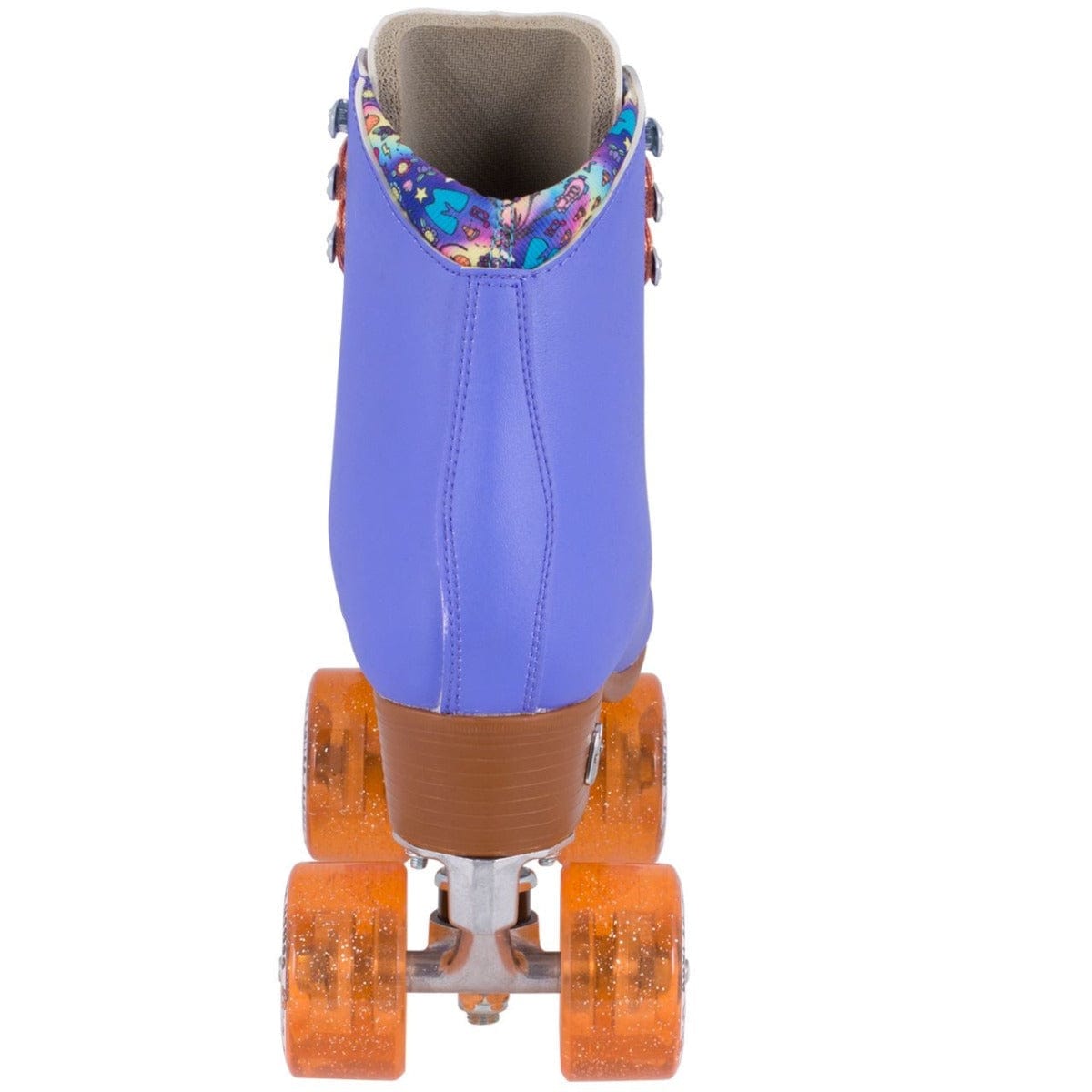 The Moxi Beach Bunny Quad Roller Skates in Periwinkle display a high-top boot design equipped with vibrant orange outdoor wheels, with their colorful patterned lining visible from the back.