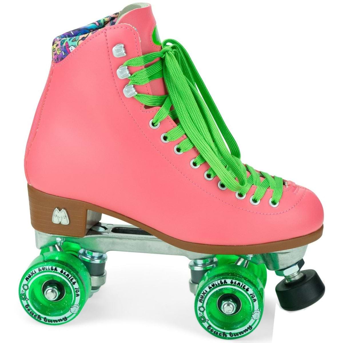 The Moxi Beach Bunny Quad Roller Skates - Watermelon feature a high-top boot in bright pink with vibrant green laces. These skates showcase mint green wheels, a wooden heel with silver accents, and an interior fabric adorned with a colorful, patterned design.