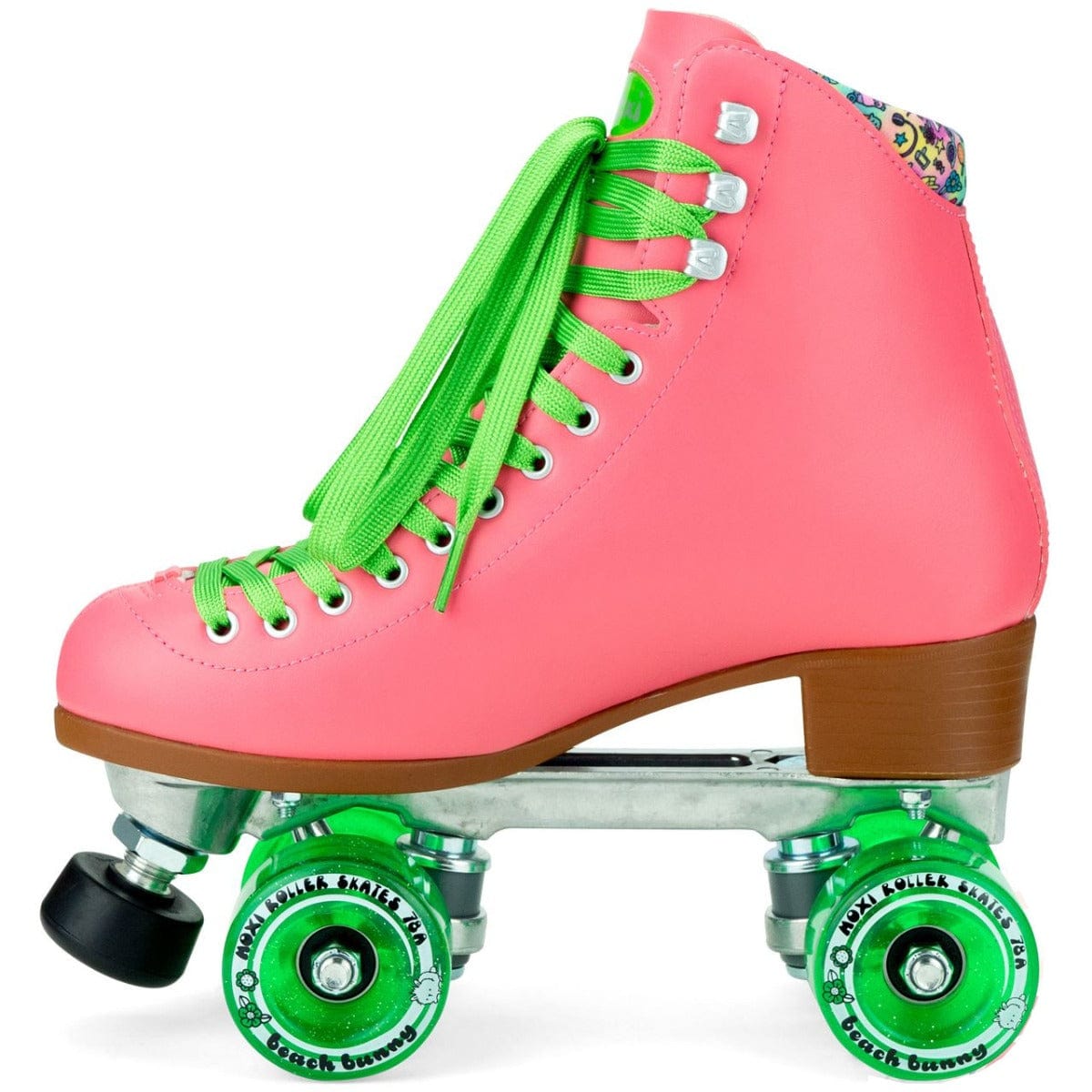 The eye-catching Moxi Beach Bunny Quad Roller Skates - Watermelon features a vivid pink exterior with green laces and matching wheels. Inside, the skates showcase a floral pattern along the upper, enhanced by a brown heel and a black stopper at the front, making them ideal for those skating in Moxi's signature style.