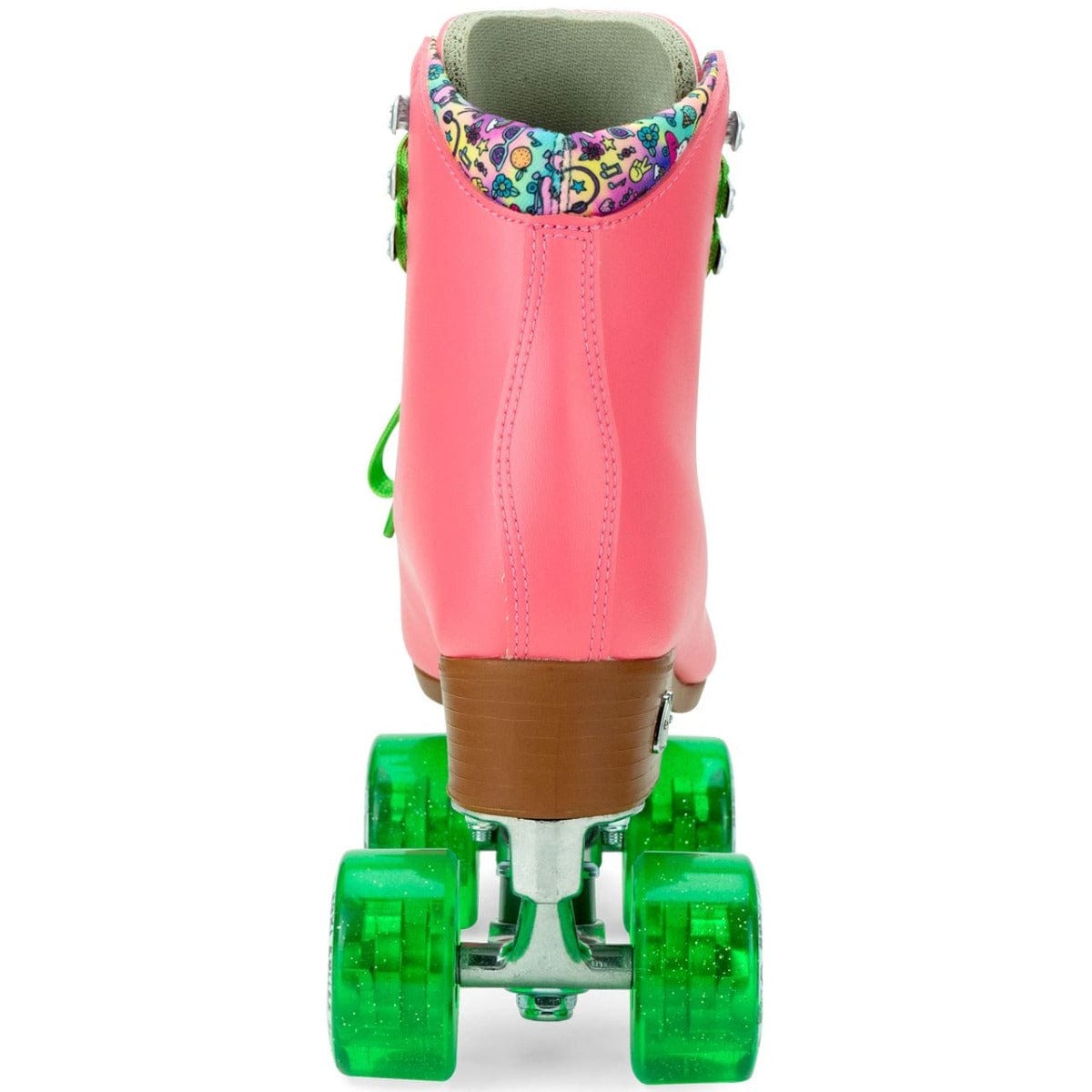 From the back, the Moxi Beach Bunny Quad Roller Skates in Watermelon are displayed. They feature a pink high-top boot with a floral-patterned inner lining and vibrant green wheels and laces, while the wooden heel adds a retro touch to this modern design.