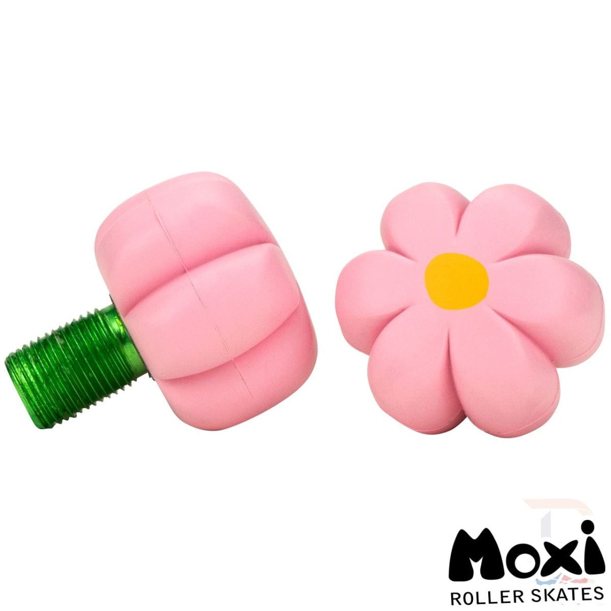 The Moxi Brake Petal Roller Skate Toe Stops in Pink Carnation feature a floral design, with one standing upright on a green screw base and the other laid flat, resembling a daisy with a yellow center. The "Moxi" brand logo is elegantly placed at the bottom right corner, enhancing its charming aesthetic.