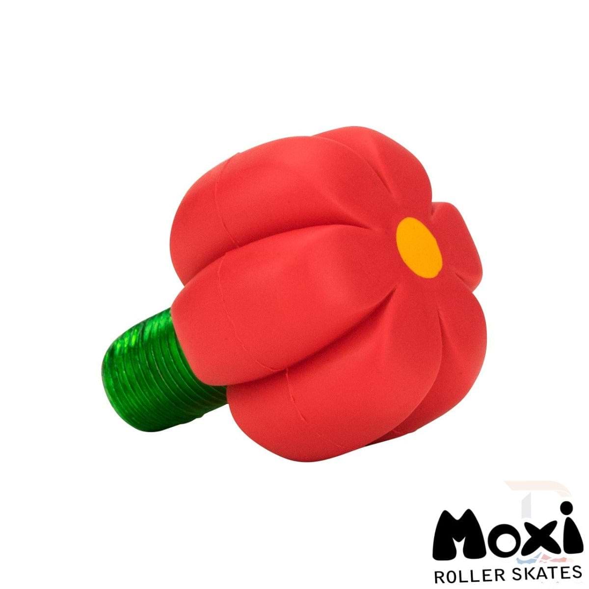 The Moxi Brake Petal Roller Skate Toe Stops in Red Hibiscus are vibrant, flower-shaped accessories with a green stem, ideal for enhancing your Roller Skates. They feature the iconic Moxi logo in the bottom right corner, adding a stylish touch to your toe stops.