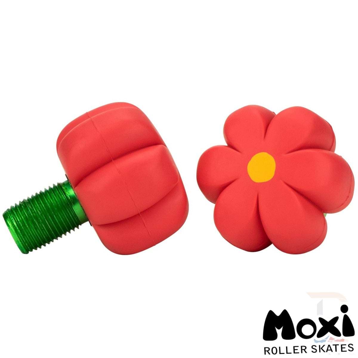 The Moxi Brake Petal Roller Skate Toe Stops - Red Hibiscus, designed like lively red flowers with a yellow center and a distinct green screw attachment, perfectly complement your Roller Skates. The brand name "Moxi" is elegantly displayed in the bottom right corner.