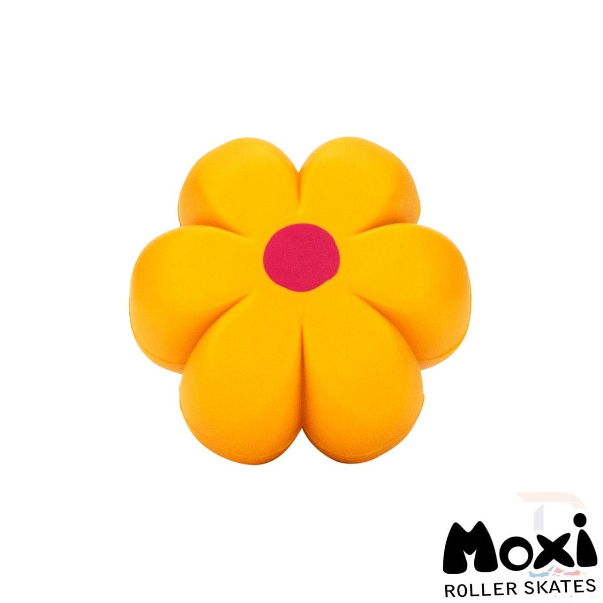 The Moxi Brake Petal Roller Skate Toe Stops in Yellow Daisy feature a charming yellow flower shape with a pink center, adding an enchanting touch to your roller skates. Known for their durability, these toe stops proudly display the iconic Moxi logo on the bottom right corner, ensuring both style and quality from the trusted brand Moxi.