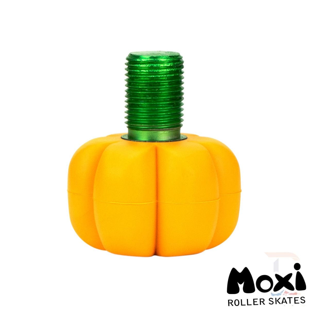 A yellow daisy-shaped Moxi Brake Petal Roller Skate Toe Stop, celebrated for its durability, with a green threaded stem is displayed against a white background. The text "Moxi Roller Skates" adorns the bottom right corner.
