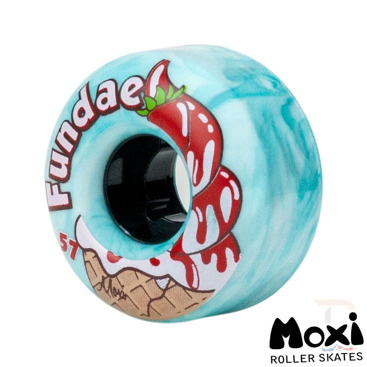 The Creme De Menthe Teal Fundae Wheels from Moxi showcase a vibrant illustration of strawberries and ice cream, with "Fundae" prominently displayed in bold letters. Ideal for hybrid street and skatepark adventures, the "Moxi Skates" logo adorns the bottom right corner.