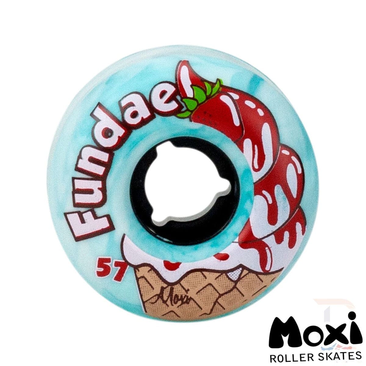 The Creme De Menthe Teal roller skate wheels by Moxi prominently feature the word "Fundae" along with an ice cream illustration topped with strawberry sauce in a waffle cone. Displaying the number "57" and the Moxi Skates logo, these 92A hybrid street and skatepark wheels measure 57mm x 34mm.