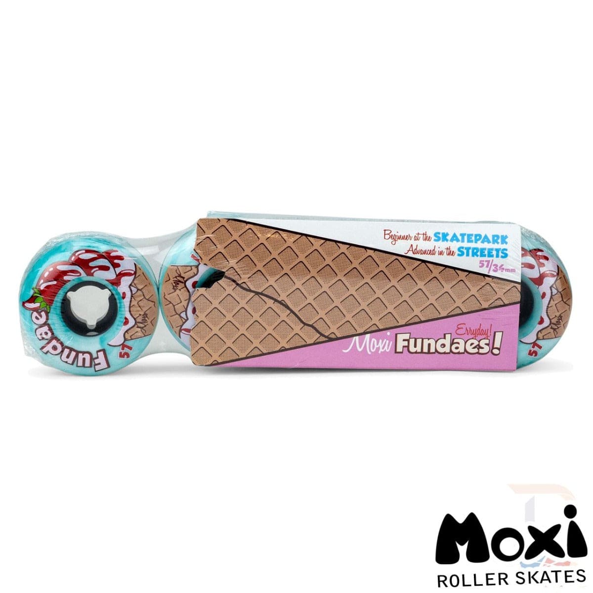 A set of Moxi Fundae 92A Quad Roller Skate Wheels in Creme De Menthe Teal is stacked with packaging adorned with an ice cream cone design. Their hybrid street and skatepark versatility is emphasized on the packaging, with the "Moxi" brand logo visible at the bottom.