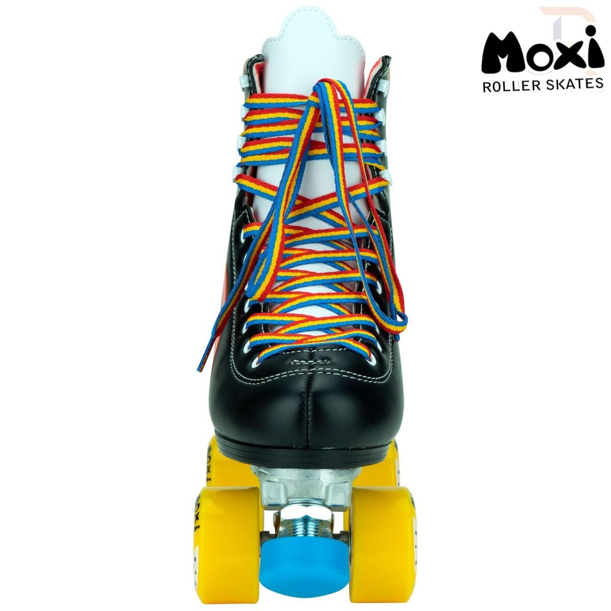 The Moxi Rainbow Quad Roller Skates - Black are ideal for beginner recreational skaters, showcasing a vibrant design with yellow wheels and a blue toe stopper.