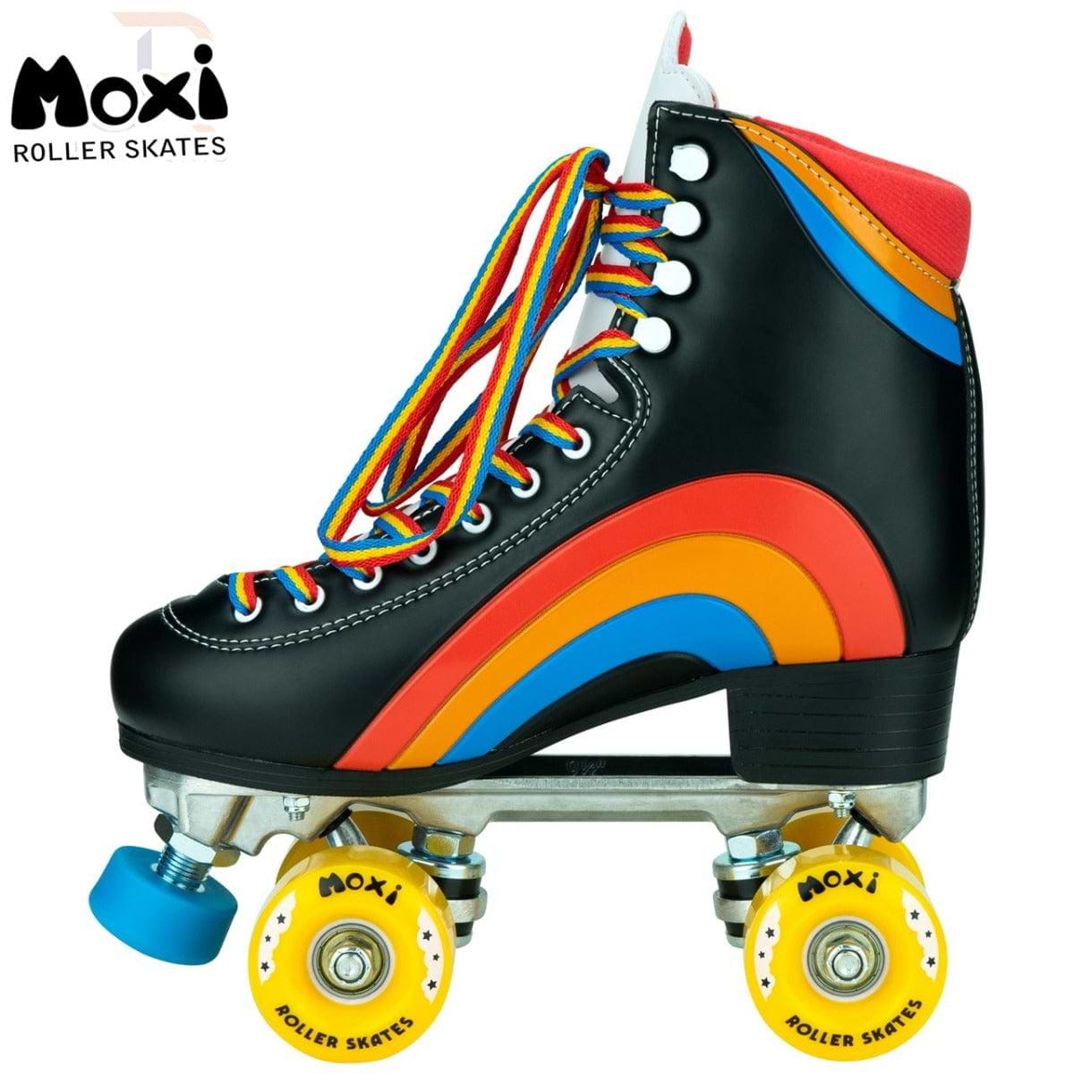 The Moxi Rainbow Quad Roller Skates in black are ideal for beginner recreational skaters, featuring a striking design with bold red, orange, and blue accents.