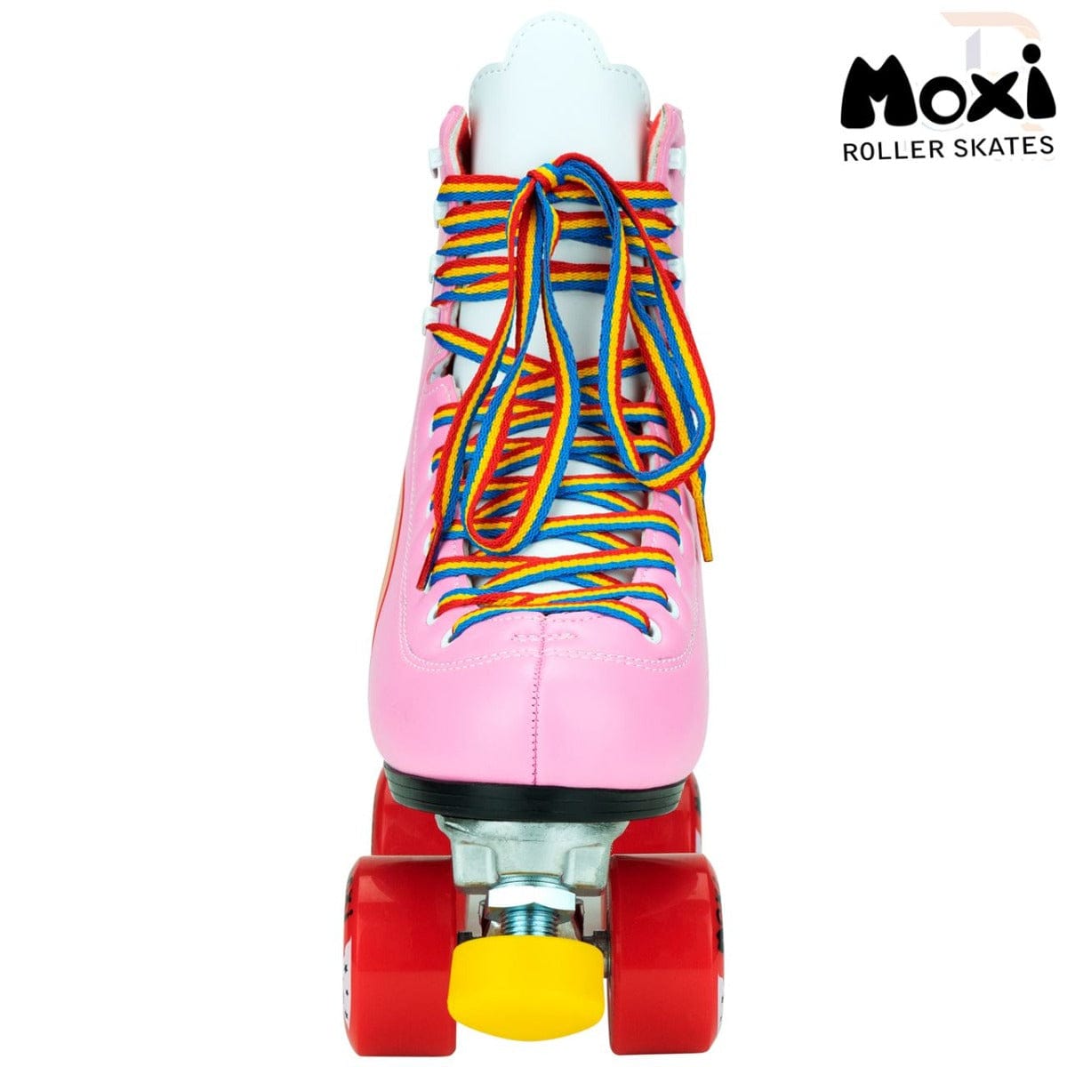 A close-up of a Bubblegum Pink Moxi Rainbow Quad Roller Skate, ideal for the beginner recreational skater embarking on outdoor adventures.