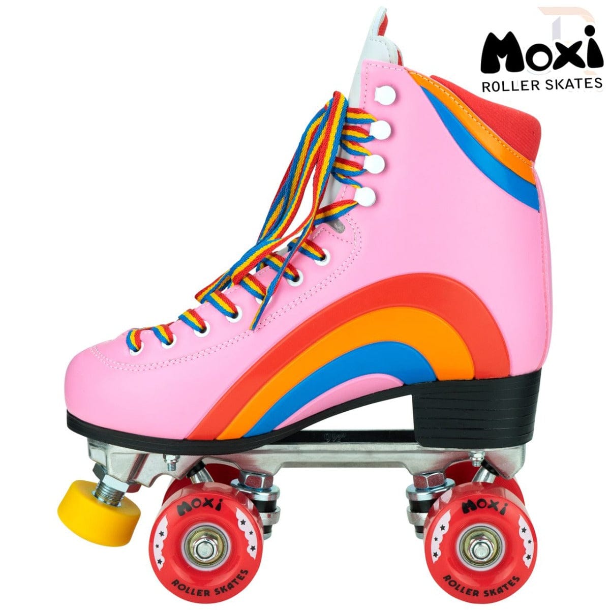 The Moxi Rainbow Quad Roller Skates in Bubblegum Pink offer a stylish design with colorful rainbow accents and coordinating laces, making them ideal for beginner recreational skaters. These outdoor skates feature a robust metal frame, vibrant red wheels showcasing the "Moxi" branding, and a yellow toe stop set against a white background.