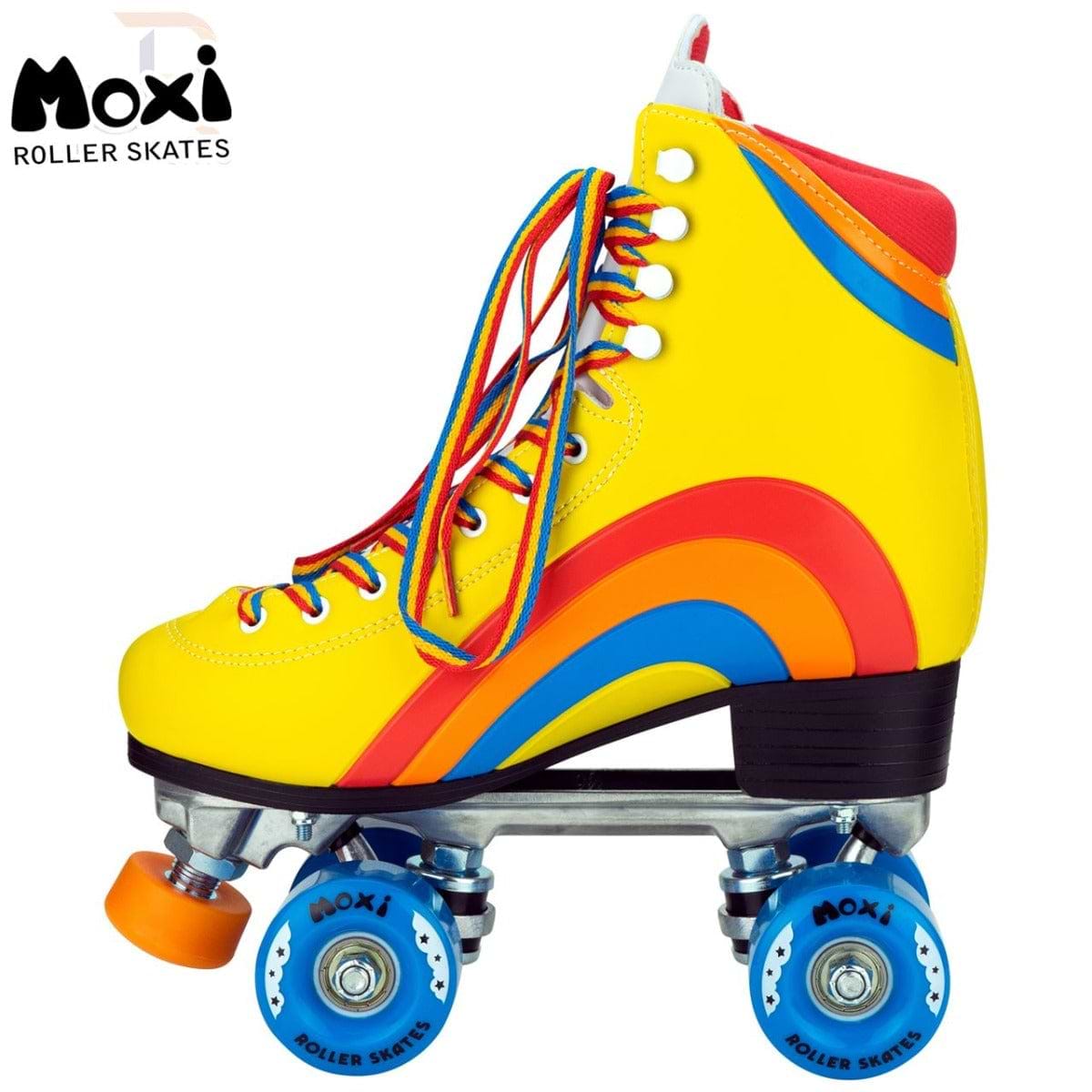 The Moxi Rainbow Quad Roller Skates in Sunset Yellow, ideal for outdoor roller skating enthusiasts, boast vibrant rainbow-colored panels and multicolored laces. The skates are equipped with blue wheels featuring the "Moxi" brand and display the iconic "Moxi Roller Skates" logo prominently in the top left corner.