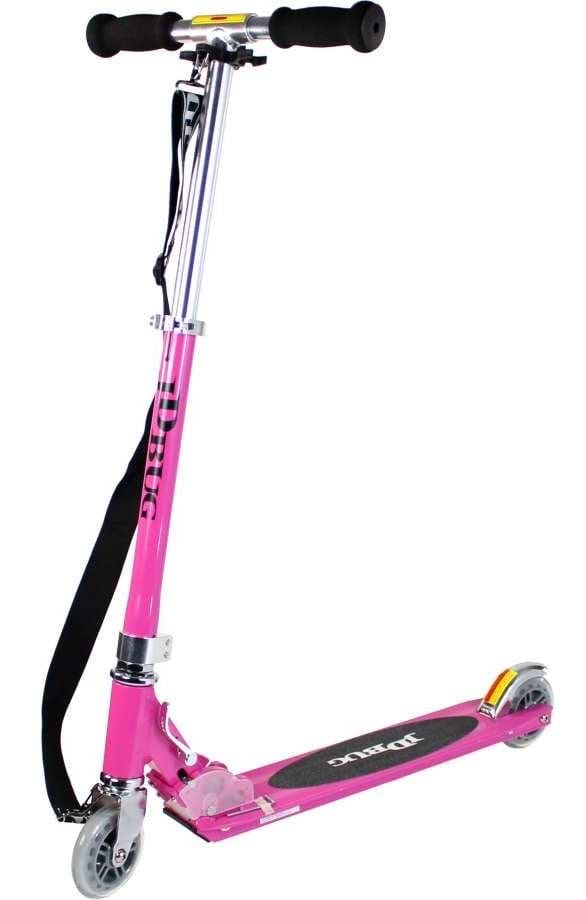 The JD Bug Original Street MS130B Foldable Kick Scooter in Pastel Pink is a lightweight kids' scooter with black foam handles, a sleek black deck, silver metal components, two small wheels, and a handy black carrying strap near the handlebar for easy transport.