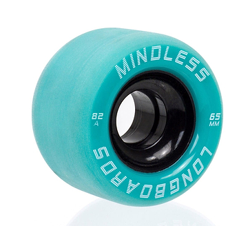 A teal green longboard wheel from Mindless Viper features white text on the side. The text reads "MINDLESS LONGBOARDS," indicating an "82A" hardness and a "65 MM" diameter for excellent grip and control during downhill rides. The wheel is designed with a durable black inner core.